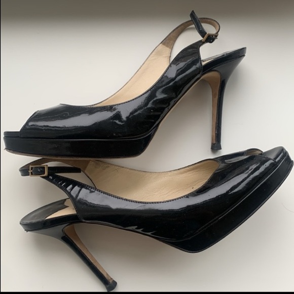 Jimmy Choo Nova Black Patent Peep Toe Platform Slingback 100mm Pumps 38 1/2 - Picture 8 of 16